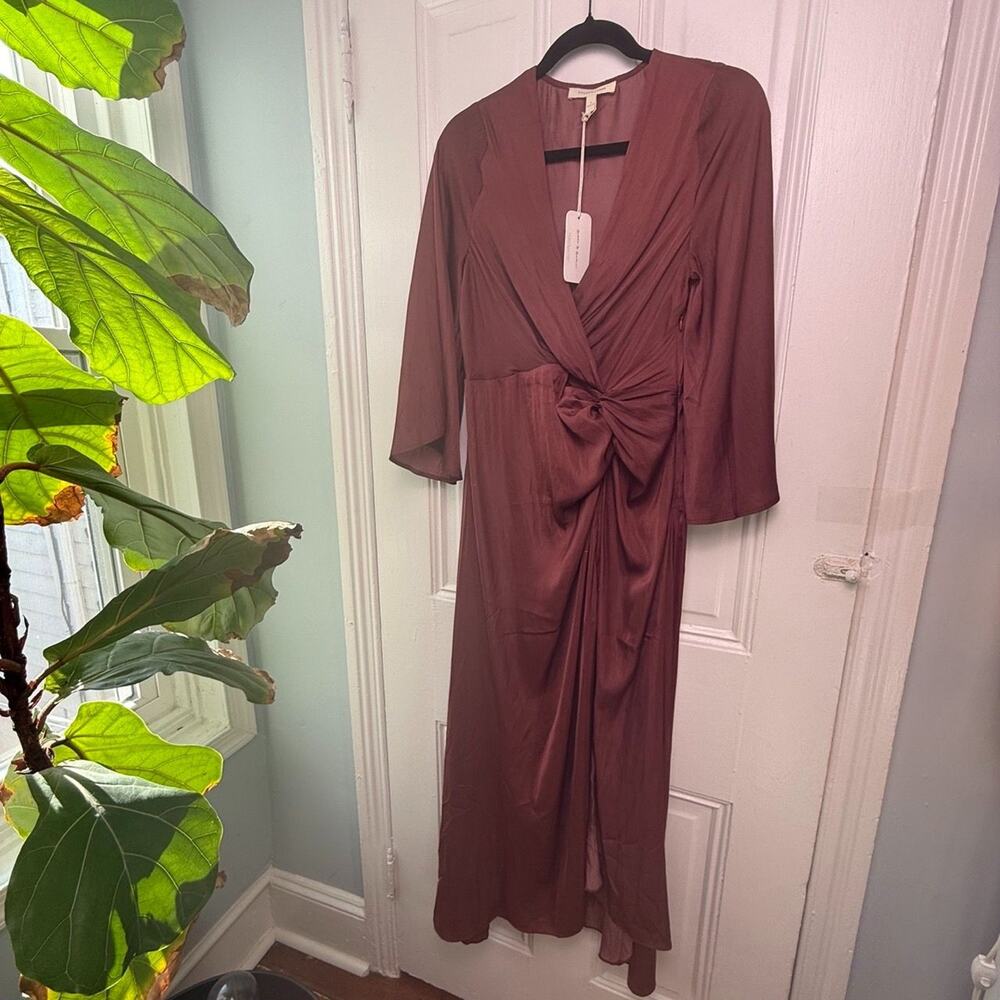 GRADE & GATHER Chocolate Brown Twist Front Midi Dress Slit Womens Small NWT